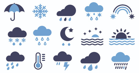 Obraz premium Adobe Illustrator ArtworkClimate and forecast icons set featuring solid weather symbols for atmospheric conditions and environmental design.