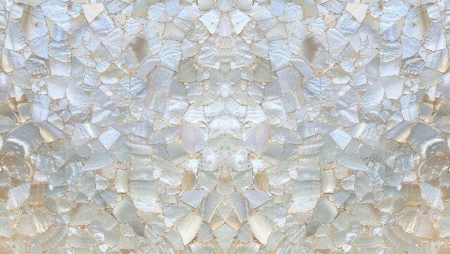 Abstract White Mother of Pearl Mosaic Texture Background, Symmetrical Pearlescent Shell Inlay Pattern, Elegant Ivory Nacre Surface for Luxury Interior Design and Creative Backdrop