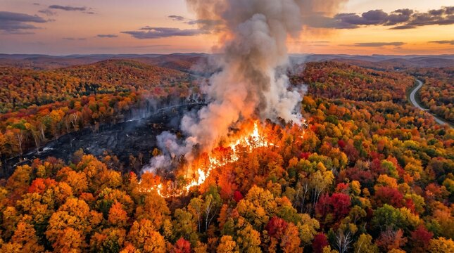 Aerial Wildfire Autumn Forest Drone Shot &mdash; Fall Colors Fire Dusk Smoke