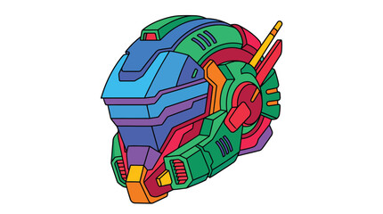 Fototapeta premium Futuristic 3d cyber helmet icon with vibrant multicolor design sleek angular shapes glowing accents detailed textures advanced technology aesthetic on a plain white background