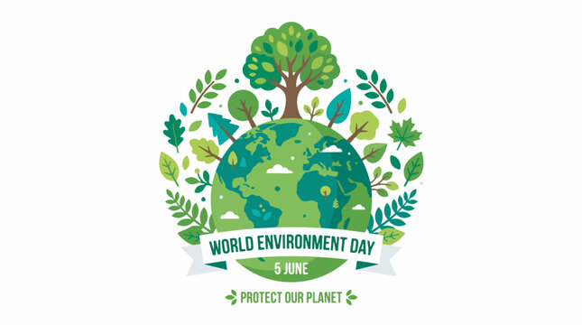World Environment Day illustration with the Earth surrounded by trees and leaves, promoting planet protection on June 5th.