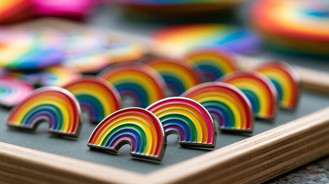 Displaying numerous shining rainbow lapel pins representing lgbtq plus pride, diversity, and inclusion on a gray surface with a wooden frame and blurred colorful background