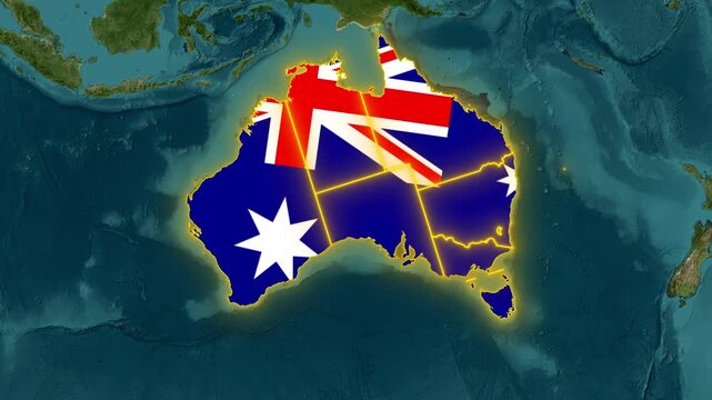 Australia map animation with national flag texture overlay and glowing state borders