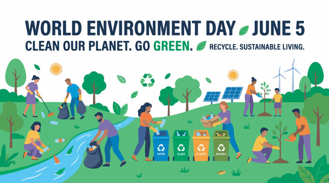 World Environment Day: People cleaning up a river, recycling, and planting trees to promote a cleaner, greener planet.