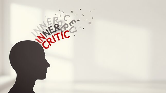 Inner critic silhouette profile shows self-doubt and mental blocks
