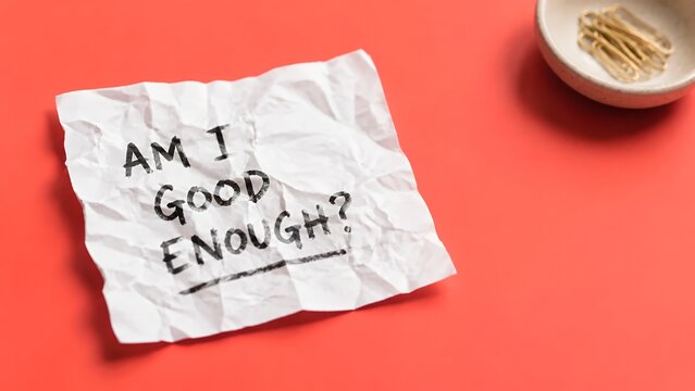 Self doubt note Am I good enough on orange background