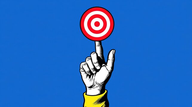 Vibrant blue pop art illustration, stylized monochrome hand with yellow wrist band holding layered red white bullseye target on raised finger, neat graphic layout for target pursuit themed creation