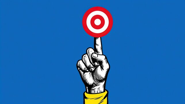 Vibrant blue pop art illustration, stylized monochrome hand with yellow wrist band holding layered red white bullseye target on raised finger, neat graphic layout for target pursuit themed creation