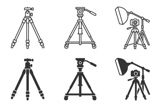 Collection of various tripod styles for camera equipment and studio lighting setup.