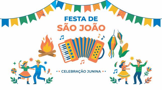 Vibrant illustration of Festa de S&atilde;o Jo&atilde;o, a traditional Brazilian June festival, featuring dancing couples, bonfire, accordion, corn, and colorful bunting.