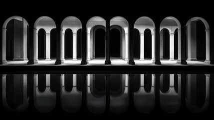 Fototapeta premium Symmetrical arches in grayscale reflected in water with deep black backdrop and foreground