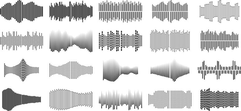 Digital sound wave collection with 20 audio frequency icons, gray scale music equalizer bars and voice recording signals. Modern sonic vibration waveforms for podcast editing and radio