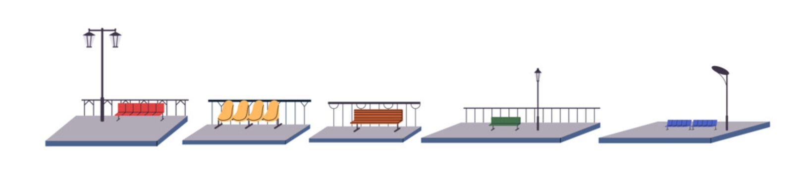 Waiting areas with seat rows on platform at train station, bus stop. Public transport spaces with empty benches, street lamps. Flat vector illustration isolated on white background