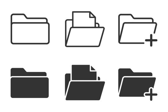 Set of folder and file icons with add symbol in black and white.