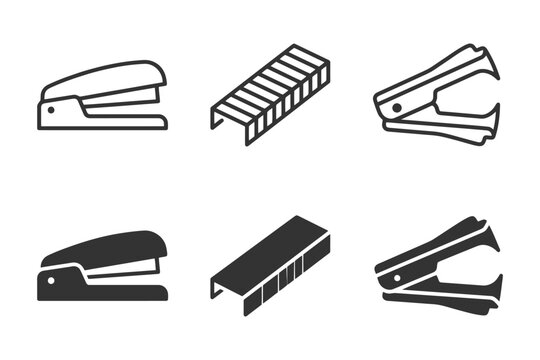 Collection of stapler and staple icons in black and gray.