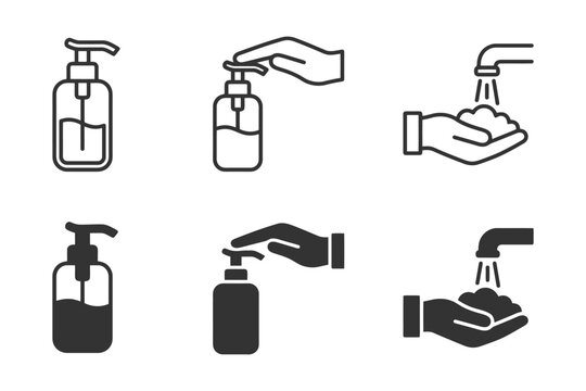 Handwashing icons set: soap dispenser and handwashing symbol illustrations.