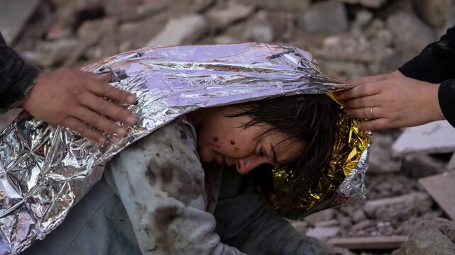 Emergency rescue child under foil blanket at shelter after disaster, injury aid and debris recovery