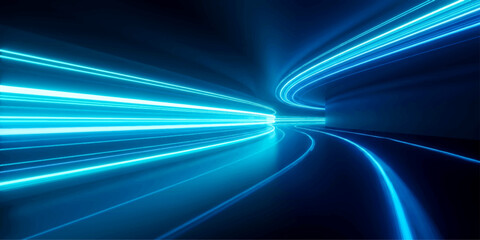 An abstract blue background features speed motion blur and futuristic light lines, creating a dynamic wallpaper that captures the energy of high-tech highway travel at night © Asad Shehbaz
