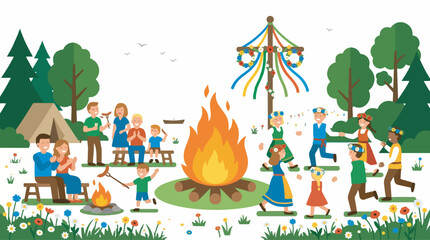 Naklejka premium People celebrating an outdoor festival with a bonfire, maypole, and camping activities in a vibrant natural setting.