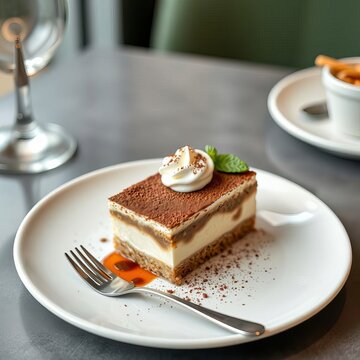 Italian dessert tiramisu with mascarpone. Cocoa powder on top, cream, and mint. Restaurant presentation. Sweet treat, healthy breakfast.
