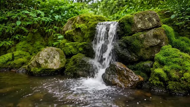 Mossy Waterfall in Green Forest Stream with Rock, Foliage, Calm Water and Lush Mossy Pool