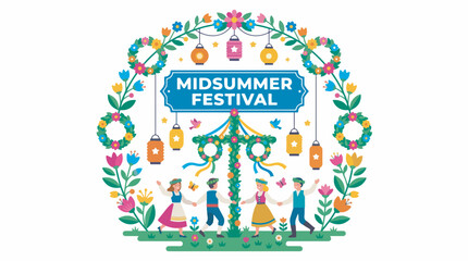 Fototapeta premium Colorful flat illustration of a Midsummer Festival with people dancing around a maypole, surrounded by a vibrant floral wreath and lanterns.