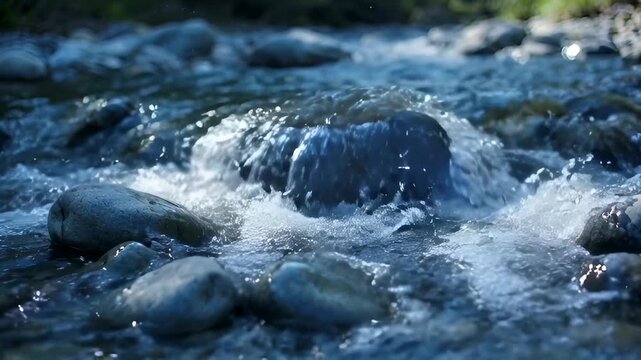 Clear flowing stream water over smooth rock, blue river current and stone in calm nature outdoors scene