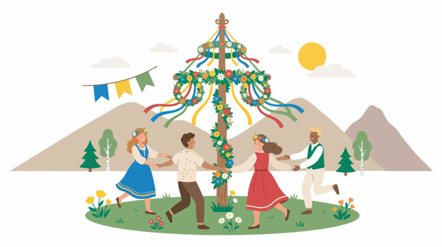 People dancing around a decorated maypole with ribbons and flowers, celebrating a traditional spring or summer festival in a scenic landscape with mountains and sun.
