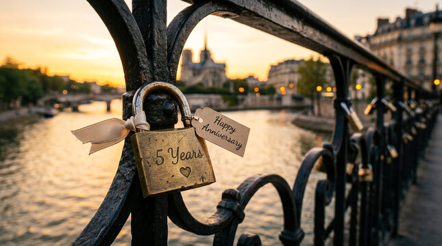 Romantic anniversary love lock on bridge at sunset, brass padlock with 5 years inscription, happy anniversary tag over river and city skyline