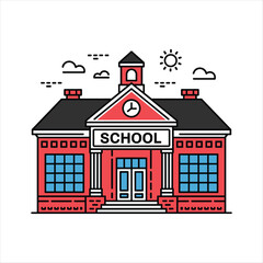 Fototapeta premium Modern School Building Line Art Vector Illustration | Educational Institution Flat Design Icon