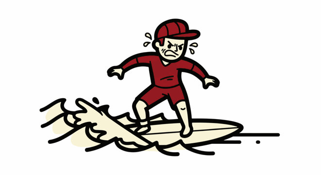 Cartoon character nervously surfing on small wave board.