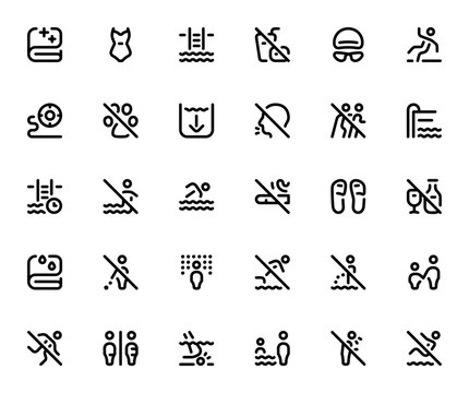 Swimming pool rules icon set. Minimalist line icons pack. Featuring towel, use swimsuit, no food, lifebuoy, no pets, no smoking, no diving and more. Editable vector stroke.