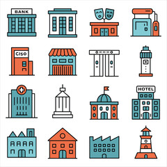 Fototapeta premium Flat City Building Icons Collection – Bank, Hotel, Hospital, Factory and Civic Architecture Vector Set