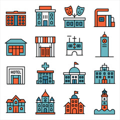 Fototapeta premium Modern City Building Icons Set in Flat Line Style – Hotel, Theater, Hospital, School and Landmark Vector Collection