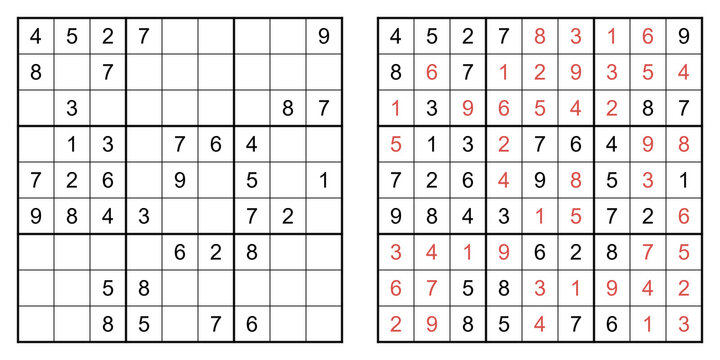 Sudoku puzzle grid with empty cells on the left and completed grid with highlighted numbers on the right, showcasing a popular logic-based number game