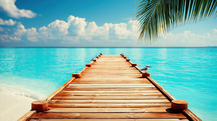 Fototapeta premium Wooden pier extending into a turquoise ocean under a clear blue sky with scattered clouds