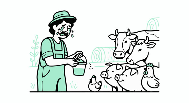 Farmer feeding various barnyard animals with grain bucket.