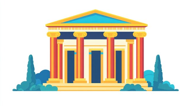 Cartoon rendering of a neoclassical building with columns and symmetrical design