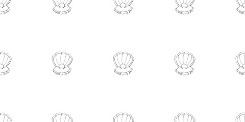 Seamless pattern of Sea shell with pearl, sketch doodle hand drawn. Silhouette, contour, bivalve shells of sea creature, mollusk seashell. Vector illustration © Iuliia