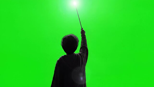 Young Wizard Casting Magical Spell on Green Screen Background, Fantasy Sorcerer Performing Mystic Power Animation with Chroma Key Effect for Gaming, Streaming and Video Editing Content