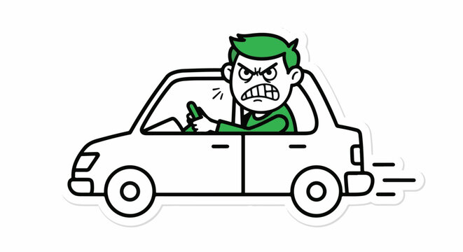 Cartoon angry monster driving car aggressively on road.