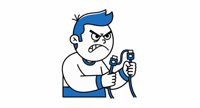 Cartoon character frustrated holding power plug cord.