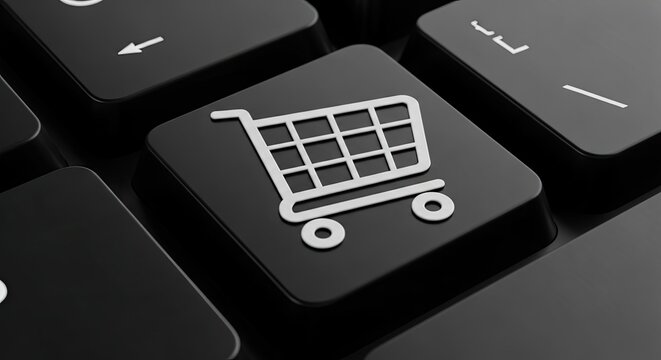 Close-up of a computer keyboard with a shopping cart icon on a key, representing online shopping and e-commerce concepts
