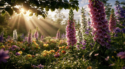 Obraz premium Sunlight streaming through trees onto a field of blooming foxgloves and other wildflowers