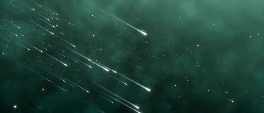 Generative AI, Abstract cosmic mint green nebula background with falling white meteor particle streaks loop