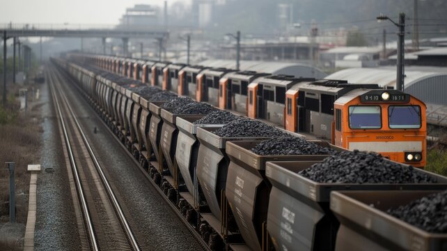 Long freight train carrying coal loads on railroad tracks in industrial logistics center