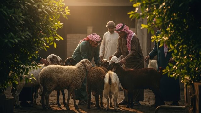 Middle Eastern men in traditional clothing tending sheep in a rural farmyard at sunrise.