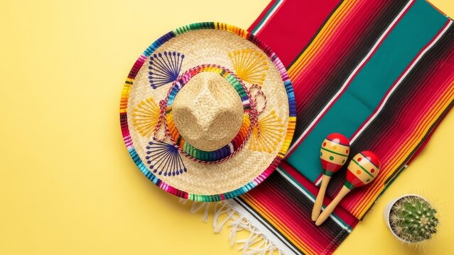 Colorful Mexican sombrero and serape with maracas and cactus