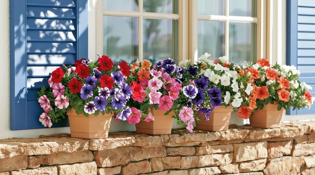 Colorful petunias blooming in window boxes with blue shutters