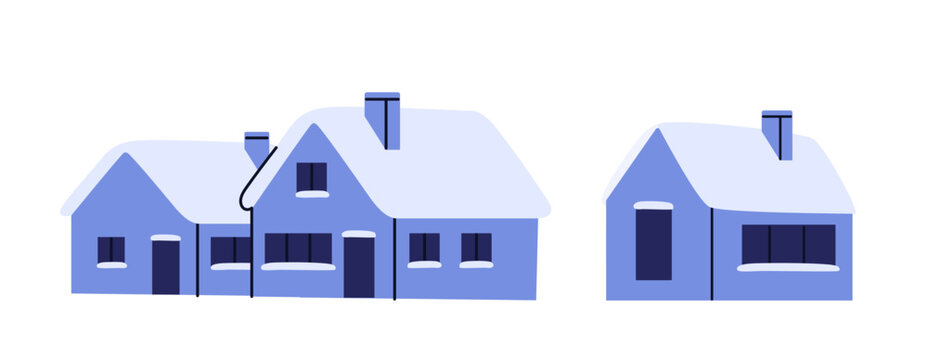 Small winter houses, roofs covered in snow. Snowy cottages, cabin homes with chimney, windows. Countryside chalets in frost, cold season. Flat vector illustration isolated on white background